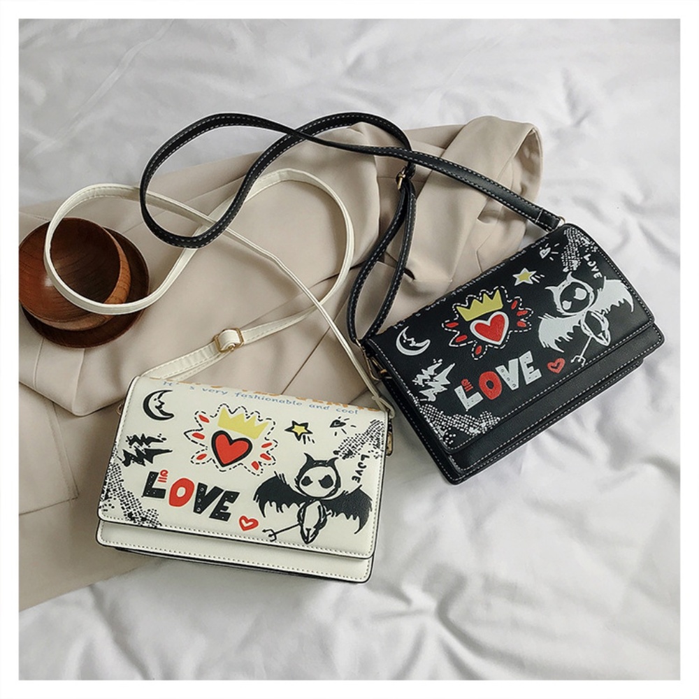 Love Bat Graffiti Crossbody Bag | Spooky Kawaii Goth Punk Streetwear Handbag